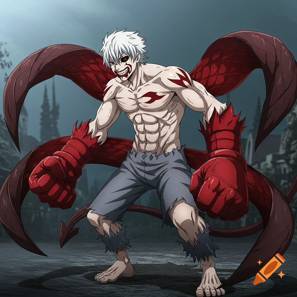 Anime character with white hair, red eyes, fangs, scars, red gauntlets, and red tentacles stands in a dark setting.