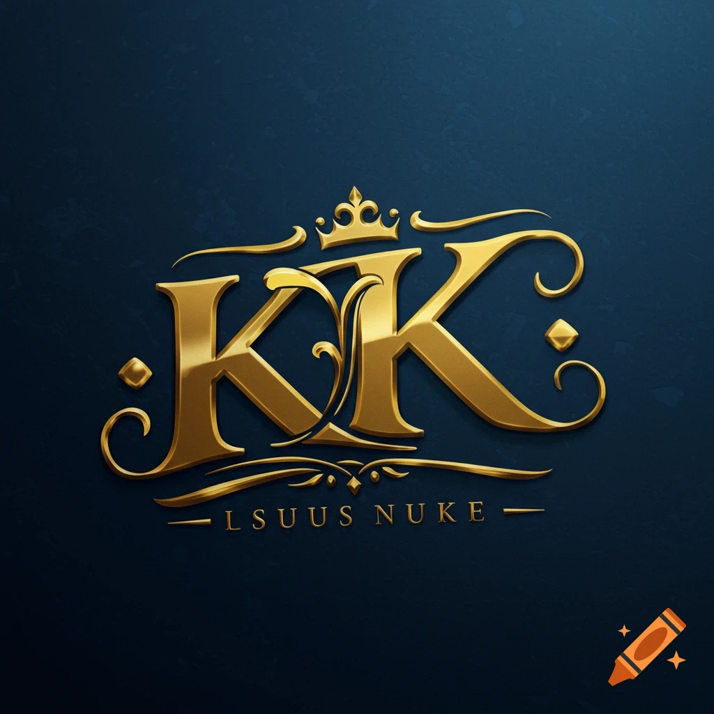 Golden KK logo with a crown and decorative elements on a dark blue background.