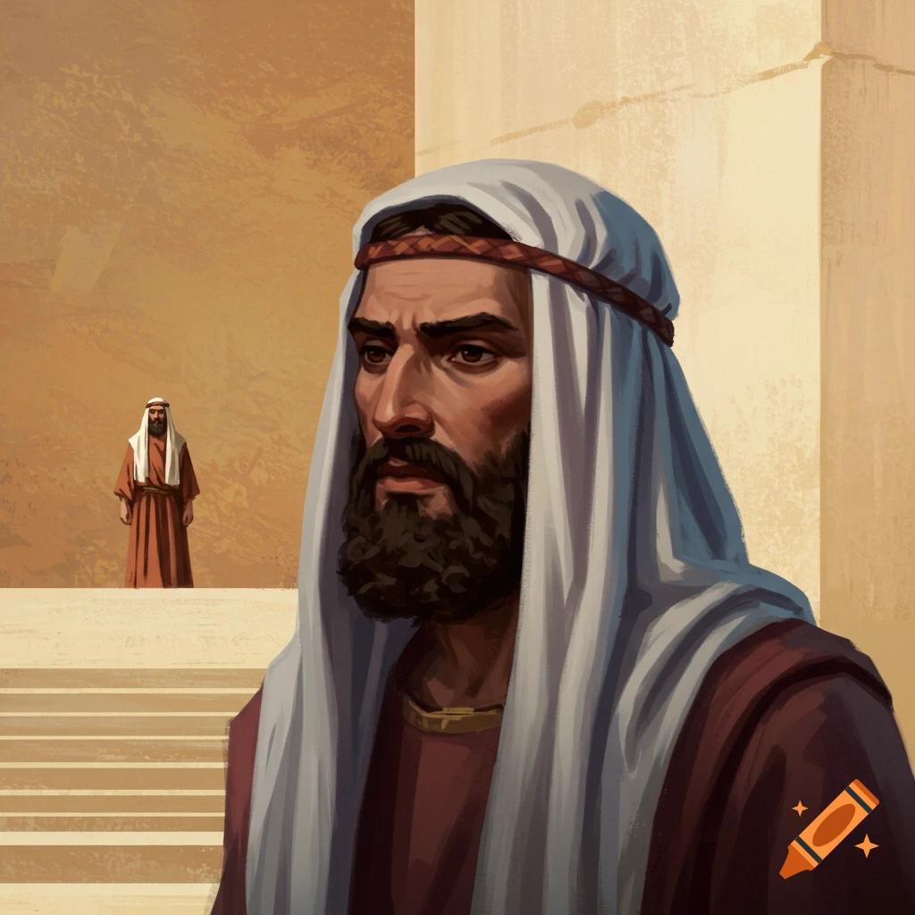 A man in historical robes looks away in the foreground, with another man near a temple in the background.
