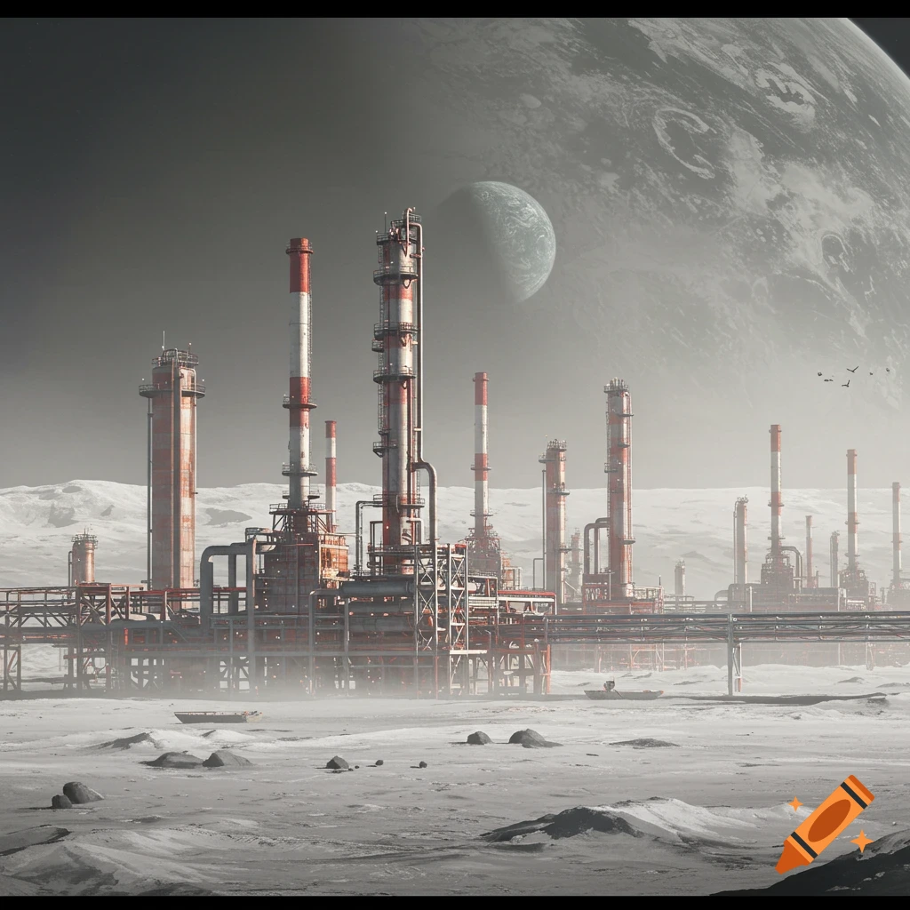 A sprawling refinery on a moon with a large planet in the sky.