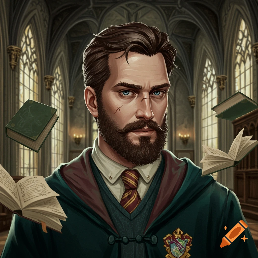 Painting of a bearded man in wizard robes in a grand hall with floating books.