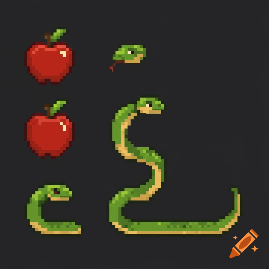 Pixel art sprites of two red apples and a green snake on a dark background.