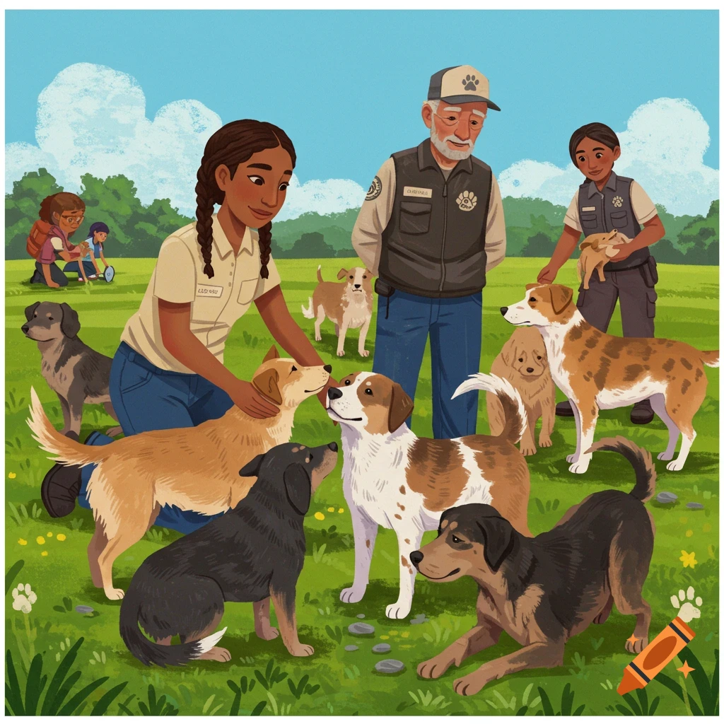 People caring for multiple dogs in a grassy field.