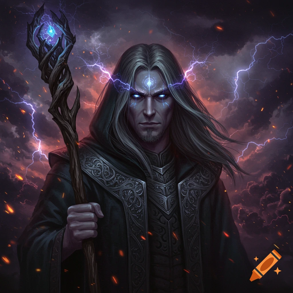 Dark fantasy wizard holding a glowing staff with lightning around his head.