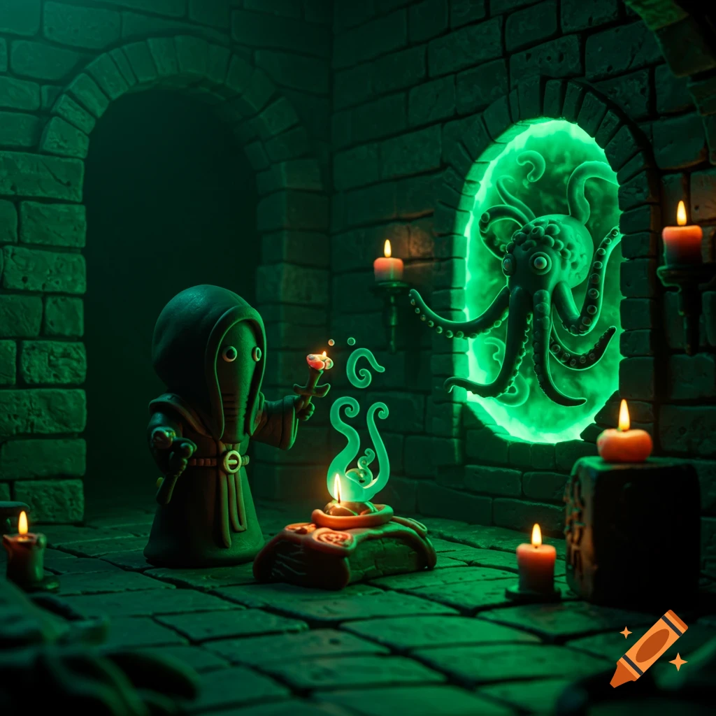 Cute chibi cultist performs a ritual in green lit catacombs, summoning a Lovecraftian monster from a glowing portal.
