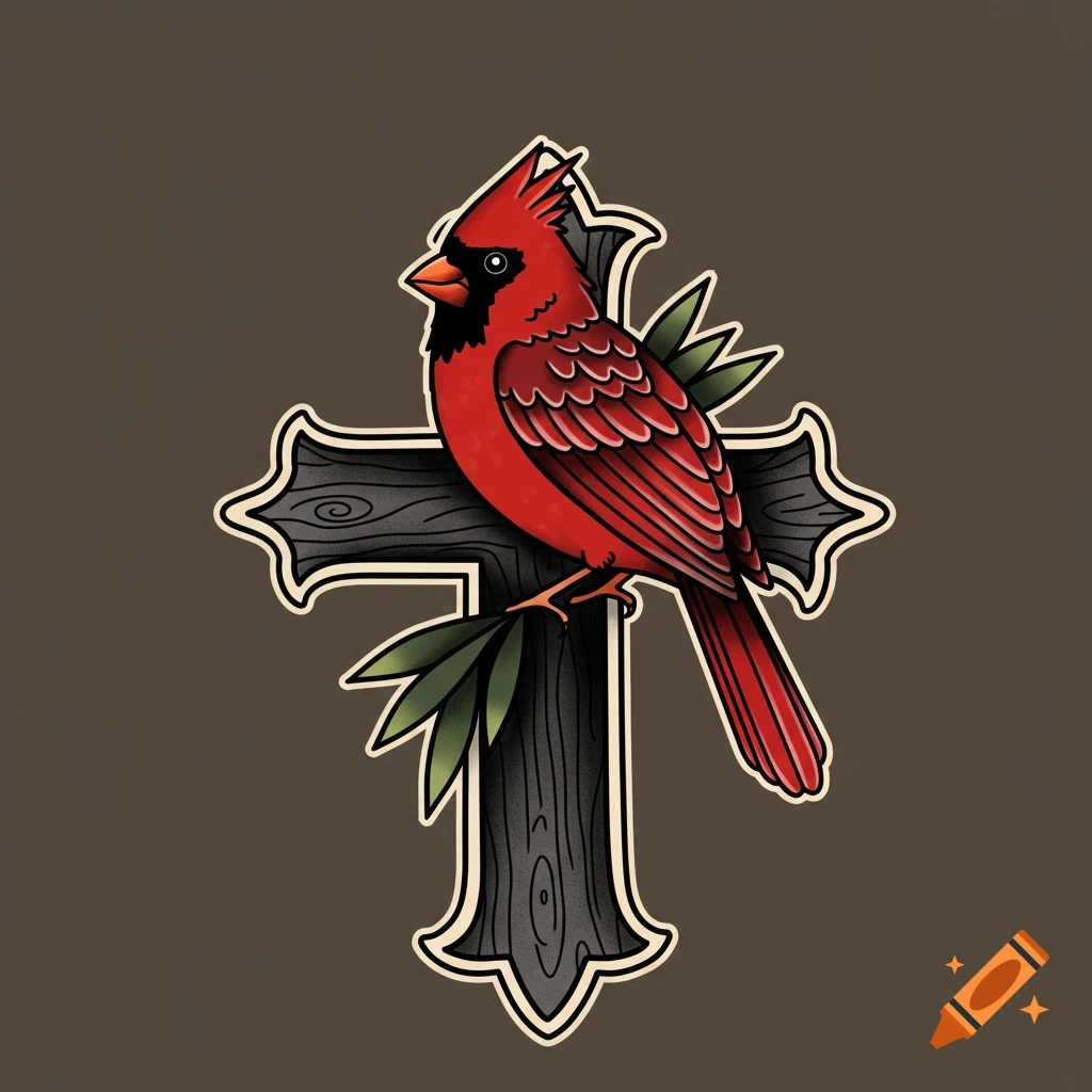 American traditional tattoo of a red cardinal on a wooden cross.