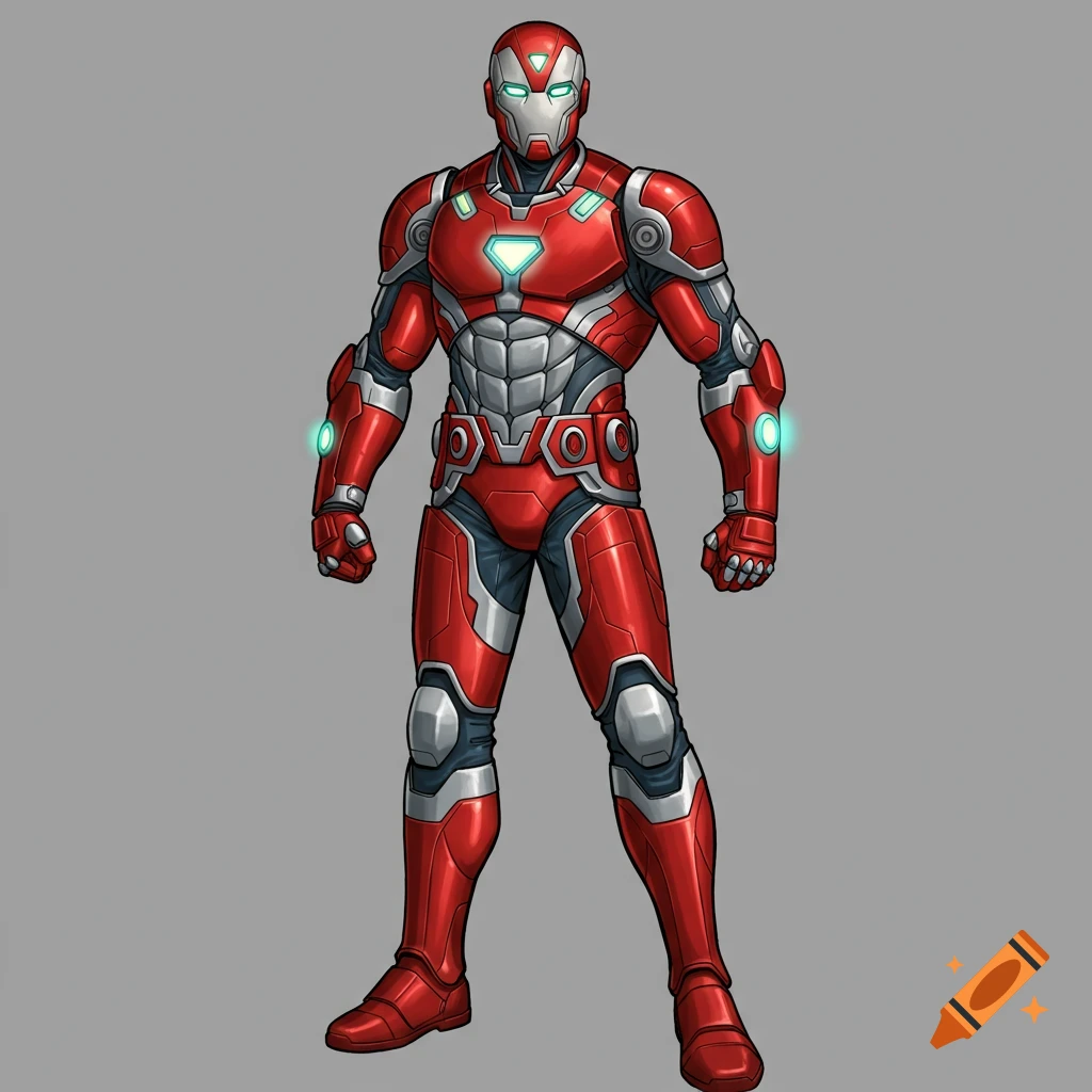 An illustration of a red and silver superhero suit with glowing elements.