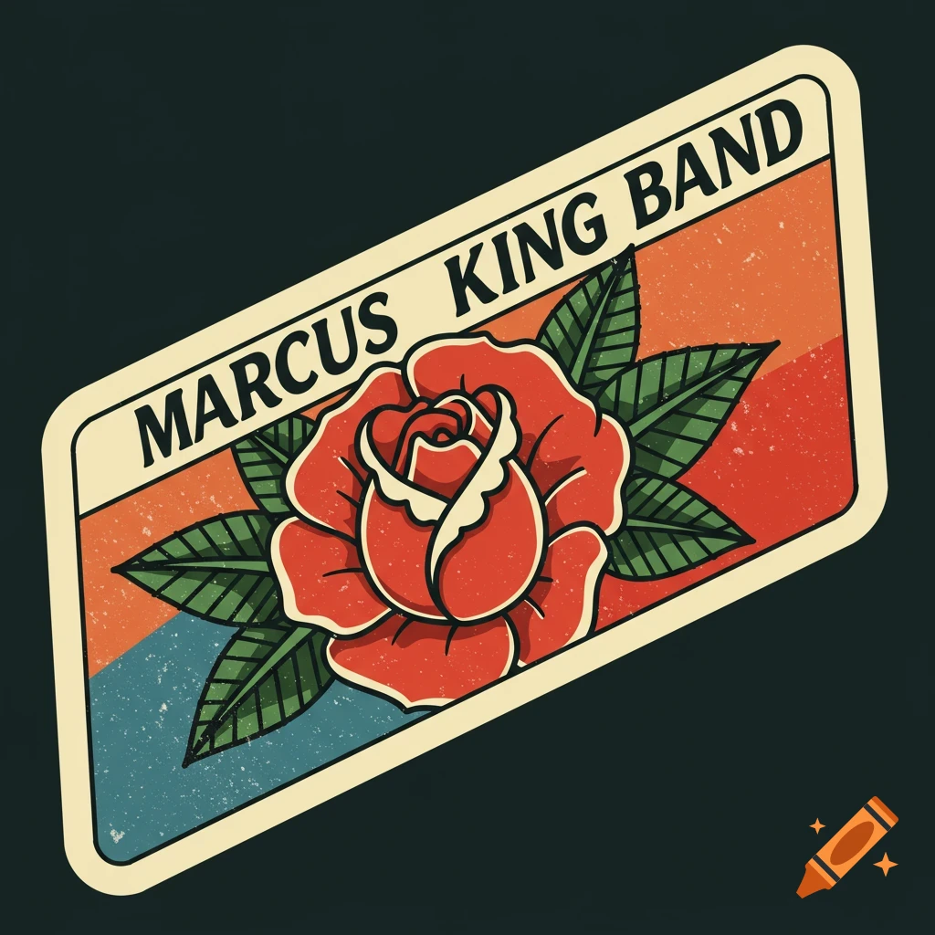 Retro sticker graphic with a red rose and MARCUS KING BAND text