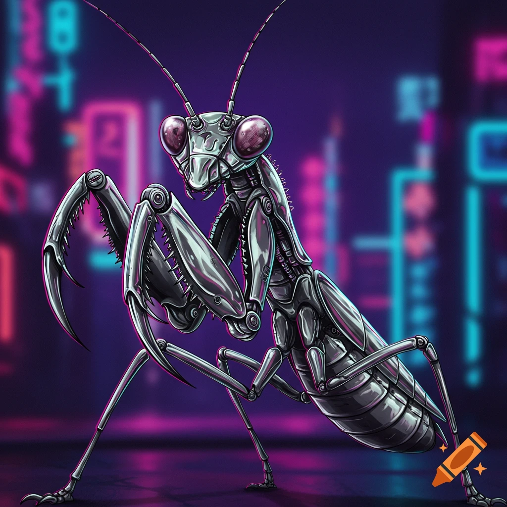 A metallic robotic mantis is shown against a neon cyberpunk city background.