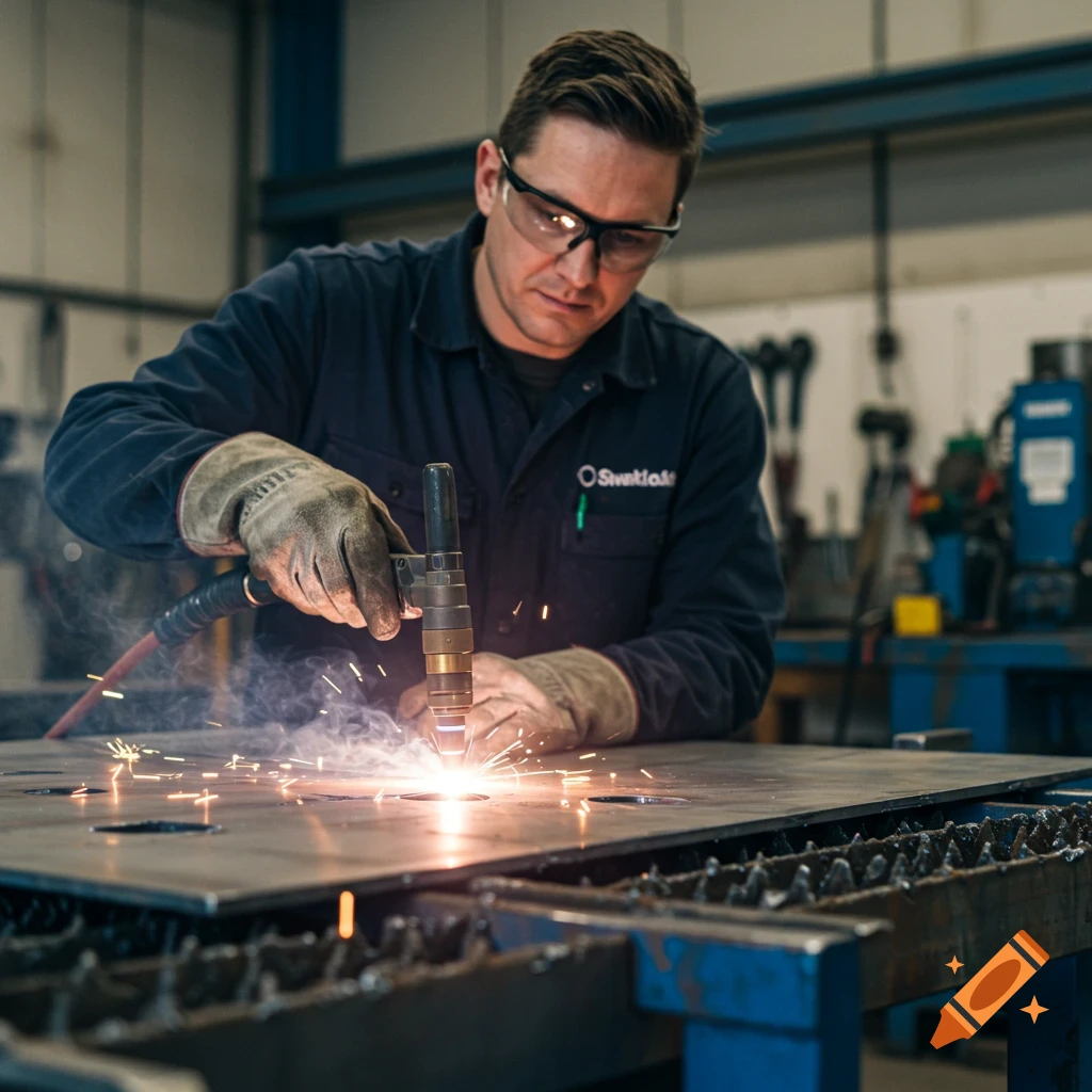 Man using a plasma cutter to cut sheet metal in a workshop, photorealistic style.