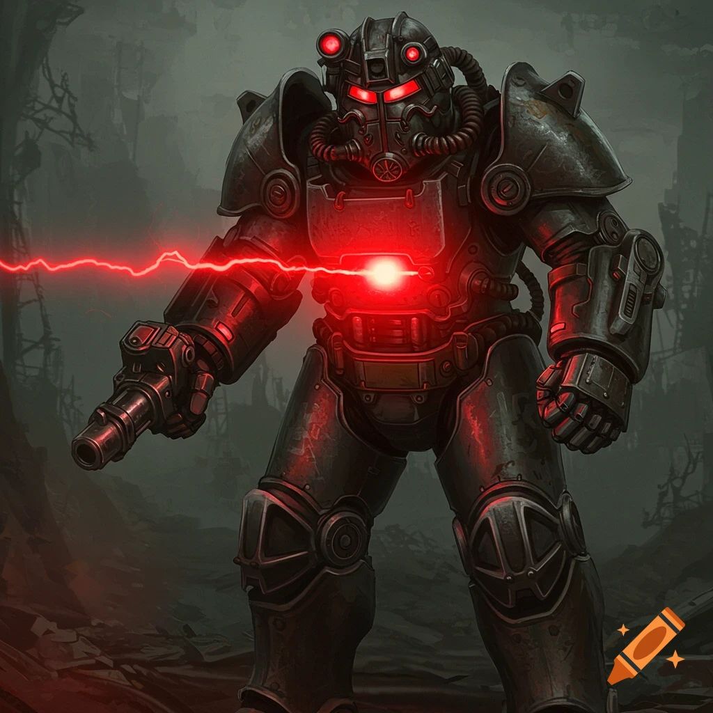 A figure in Fallout power armor fires a red laser in a ruined city.