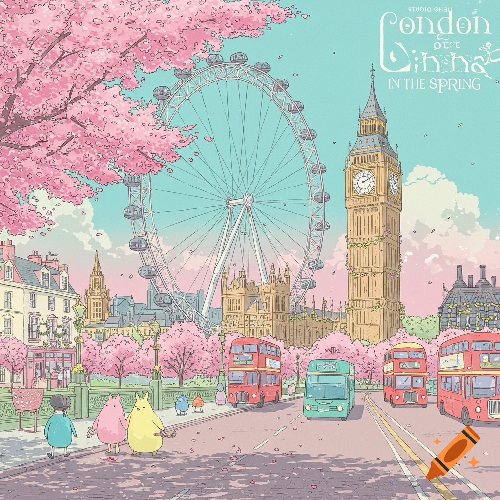 Anime style illustration of London in spring with the London Eye, Big Ben, cherry blossoms, buses, and cute characters.