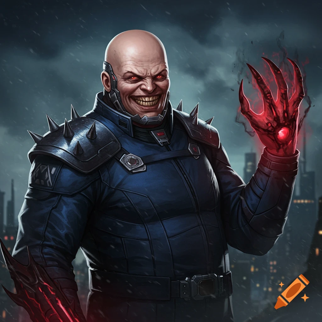A menacing bald villain with glowing red eyes and clawed hands is in a stormy city.