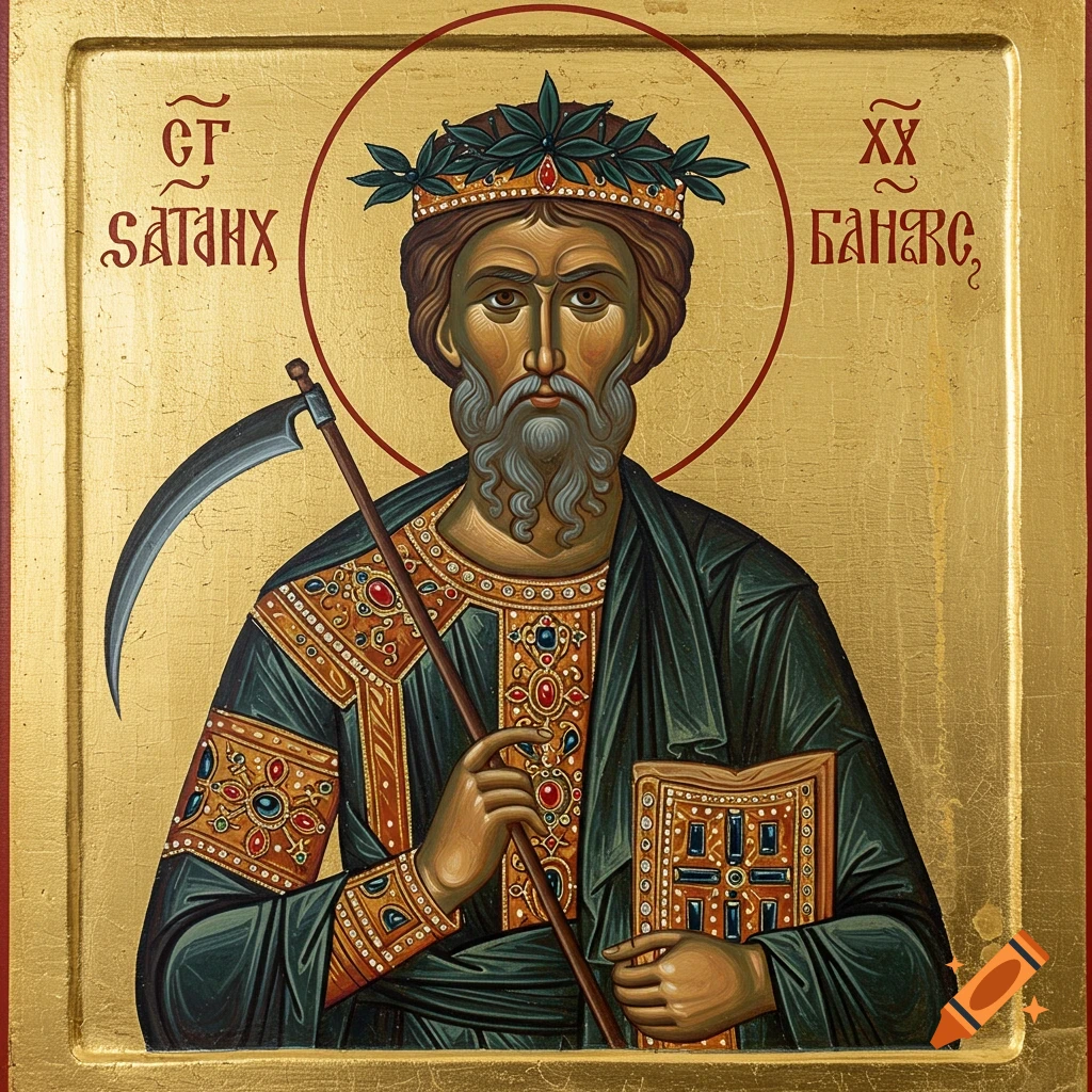 A Byzantine icon painting of a bearded man wearing a crown of leaves, holding a scythe and a book.