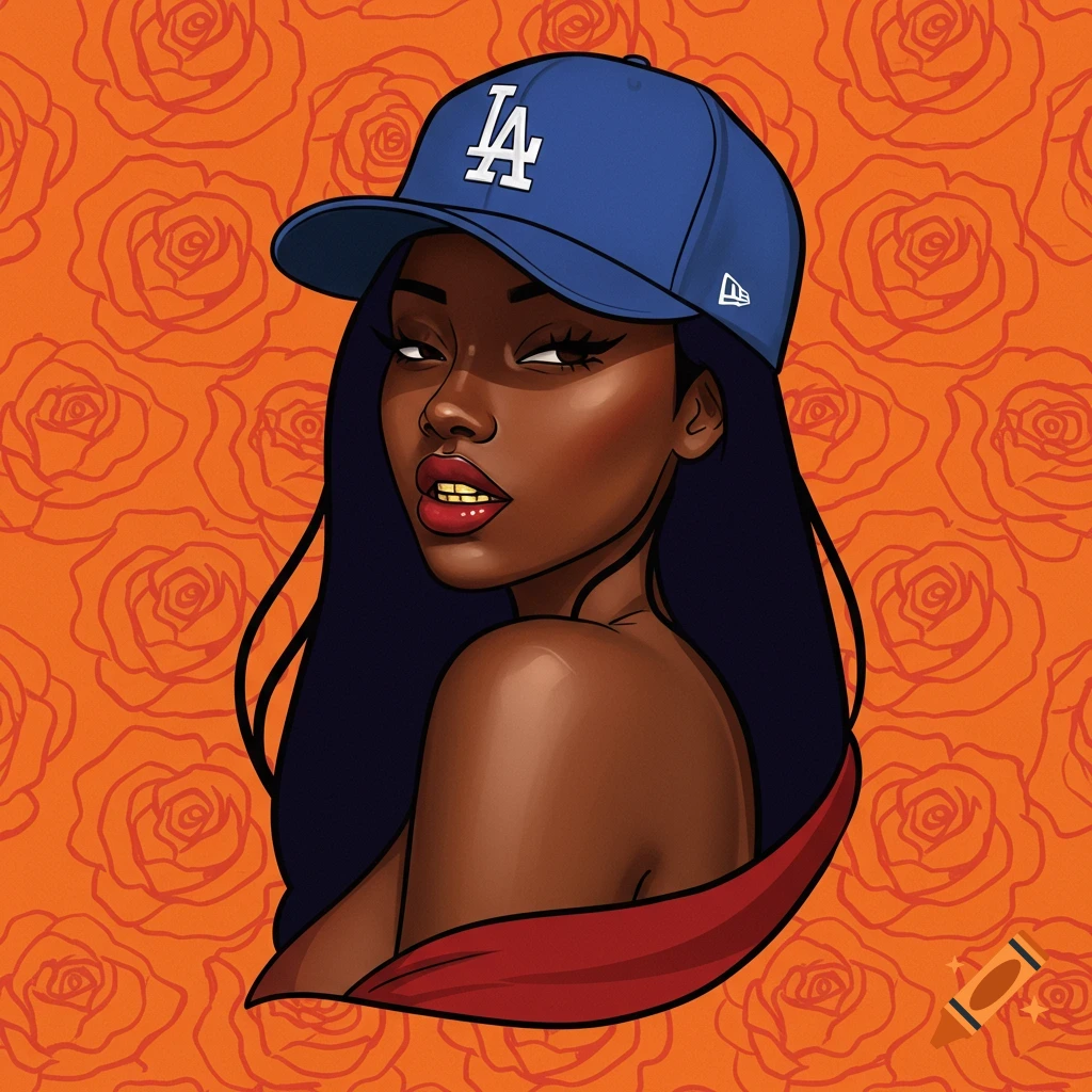Stylized illustration of a woman in a blue LA cap with a gold tooth against an orange rose background.