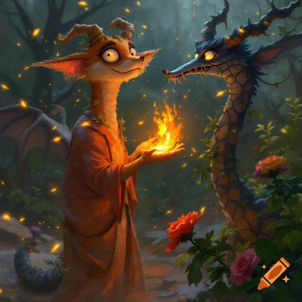 A furry creature holds fire towards a dragon in a forest.