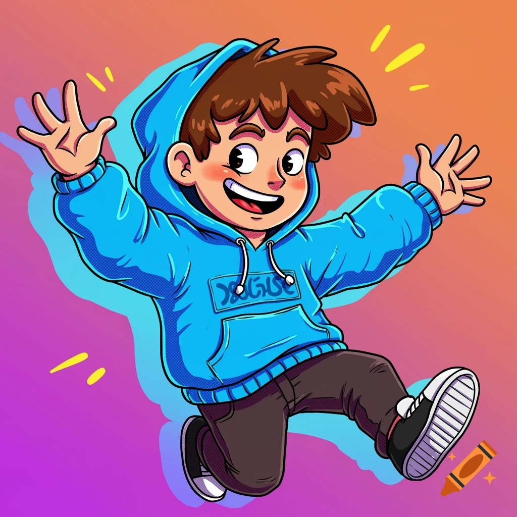 Cartoon boy in blue hoodie jumping against gradient background in pop art style.