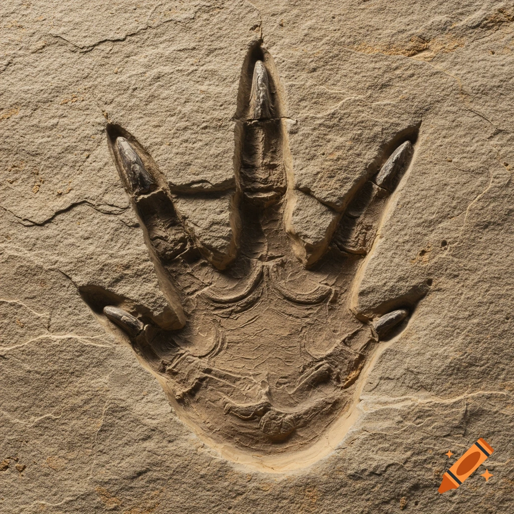 Realistic close-up of a fossilized three-toed dinosaur footprint in rock