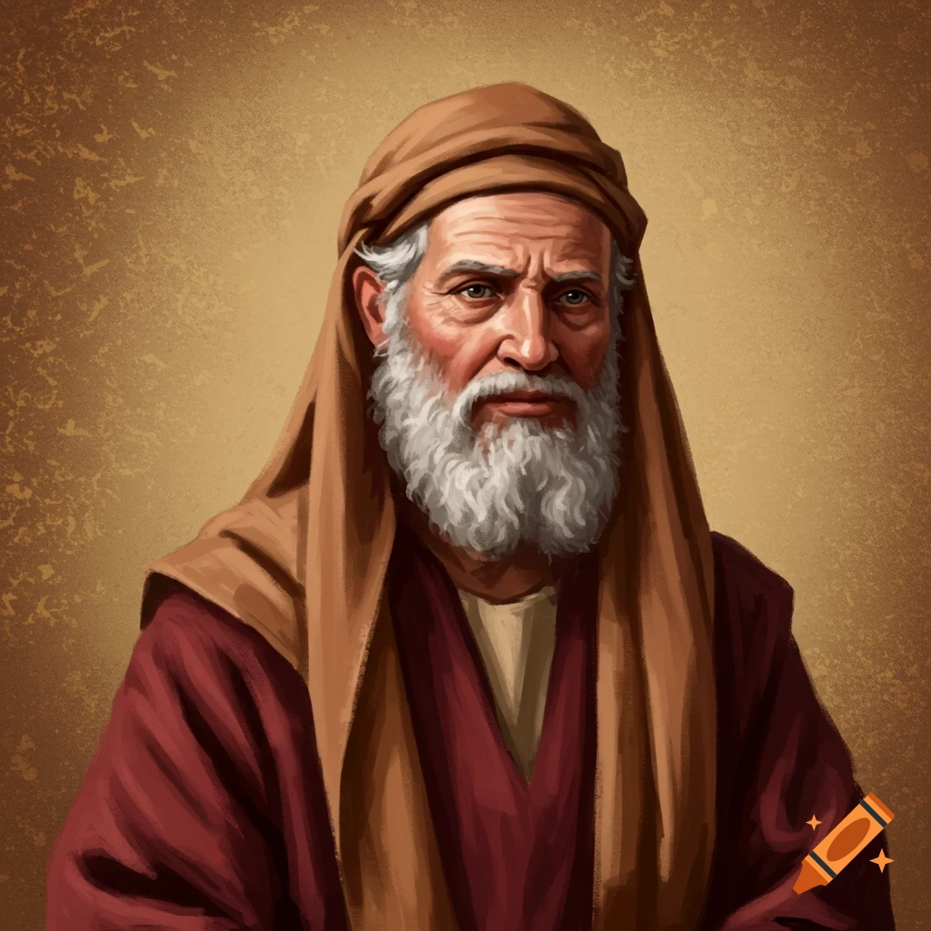 An older man with a white beard wears a brown head covering and a red robe.