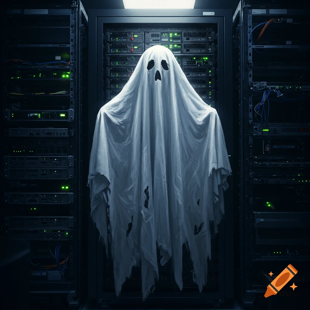 A white ghost figure floats in front of server racks.