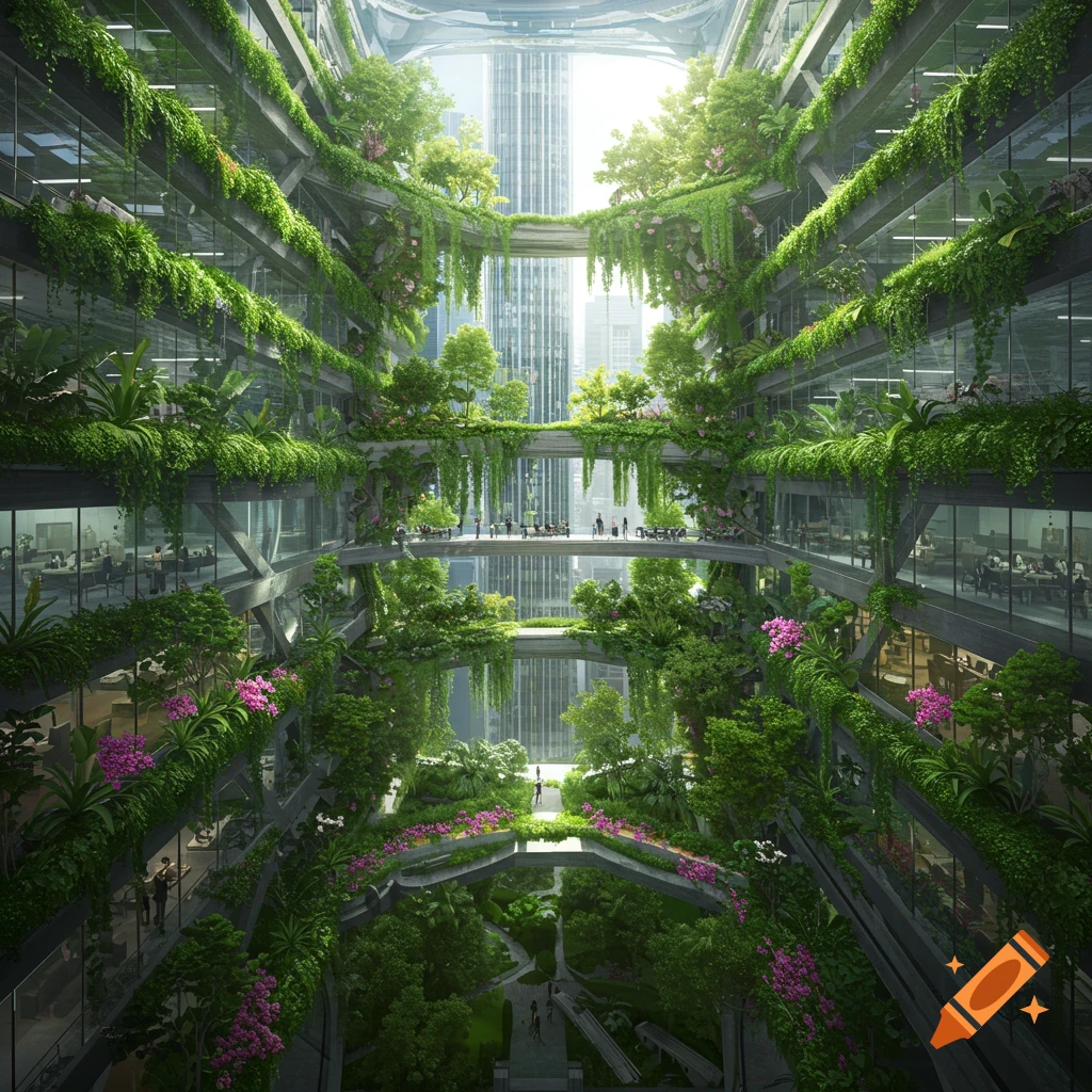 A futuristic office building with multiple levels filled with lush green plants and flowering gardens.