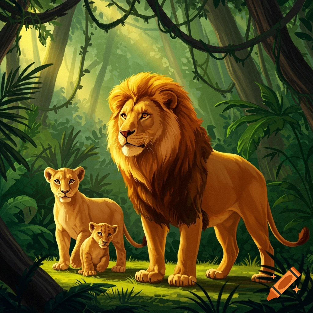 A lion family (lion, lioness, cub) stands in a lush, sunlit jungle.