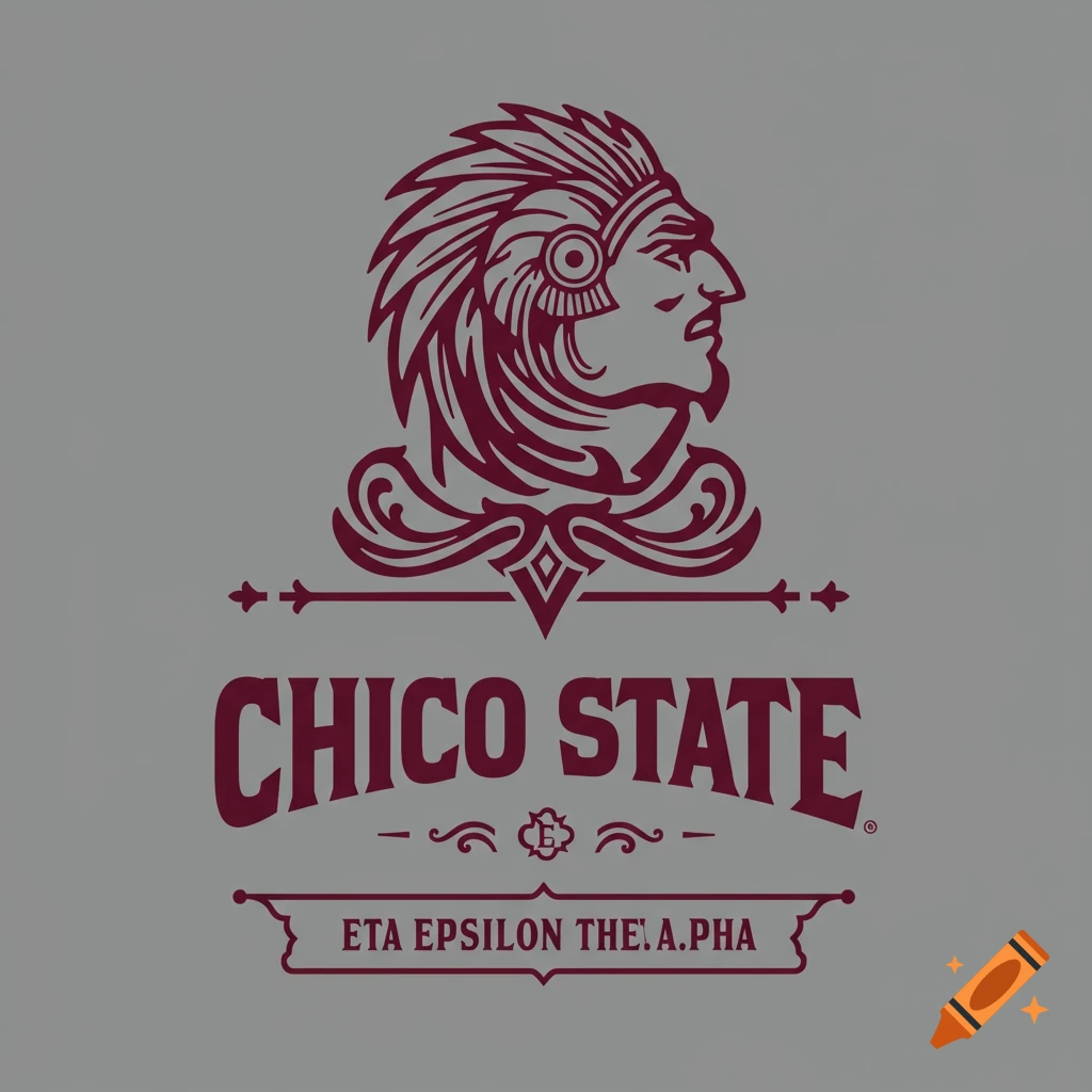 Logo with stylized person in headdress, text 'CHICO STATE' and 'ETA EPSILON', in burgundy and grey.