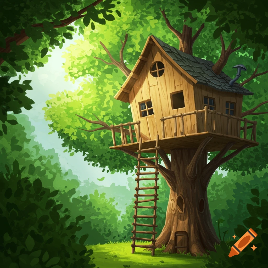 A rustic wooden treehouse built into a large tree in a lush green forest.