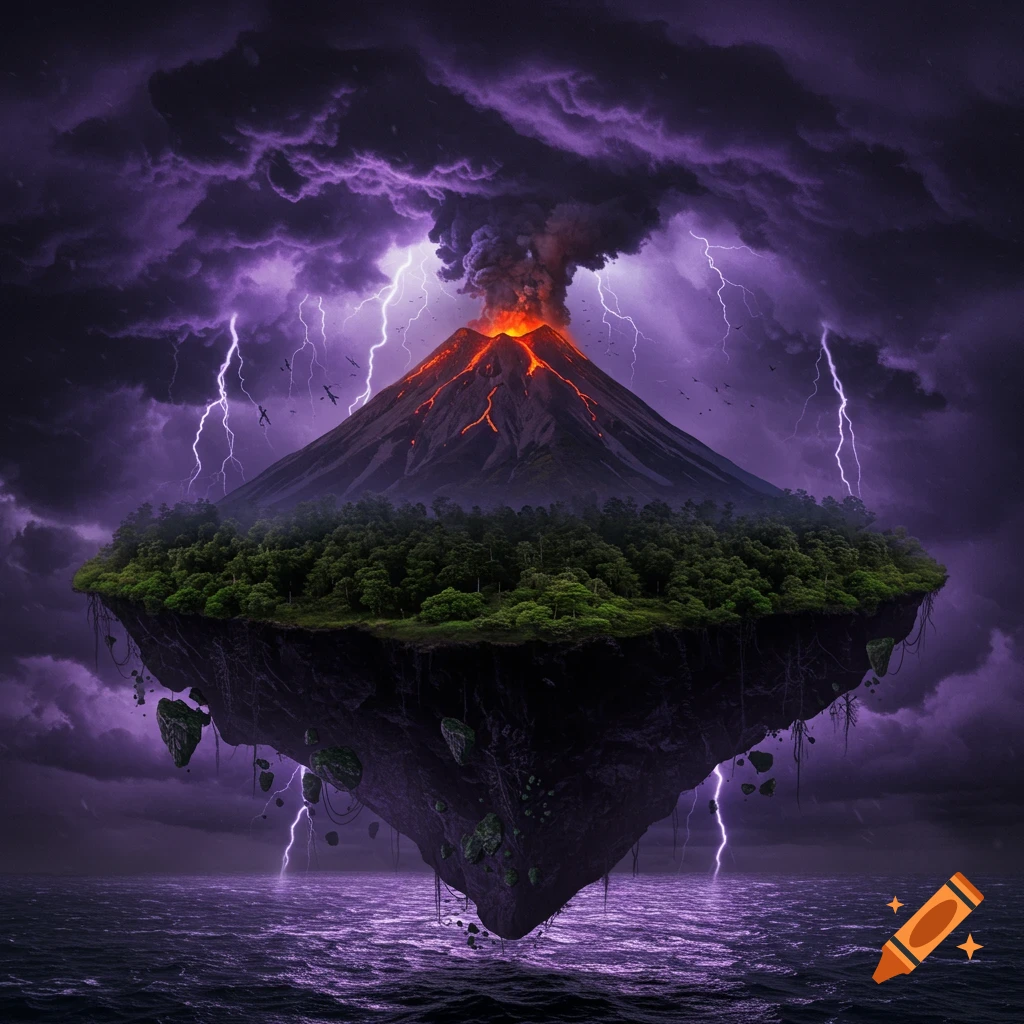 A floating island with an erupting volcano, a dense forest, a brewing storm with lightning, and the surrounding ocean.