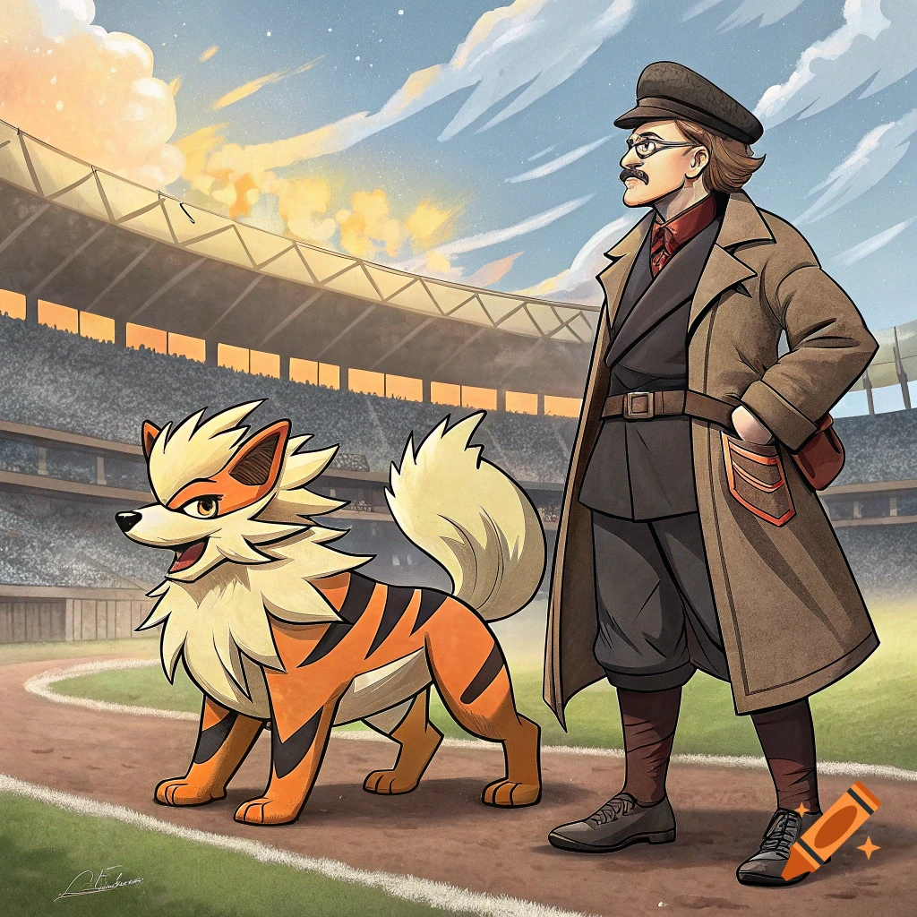 A man in a coat and cap stands next to an Arcanine pokemon in a stadium. Anime illustration style.