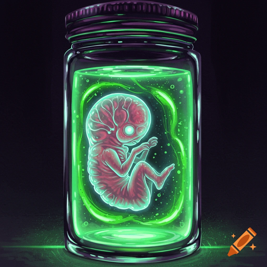 A creature embryo glowing in a jar.