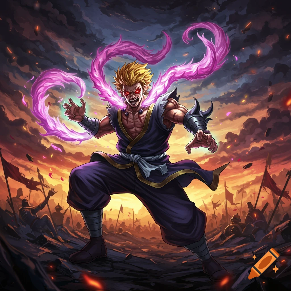 Powerful anime character with purple energy on a battlefield under a dramatic sky.