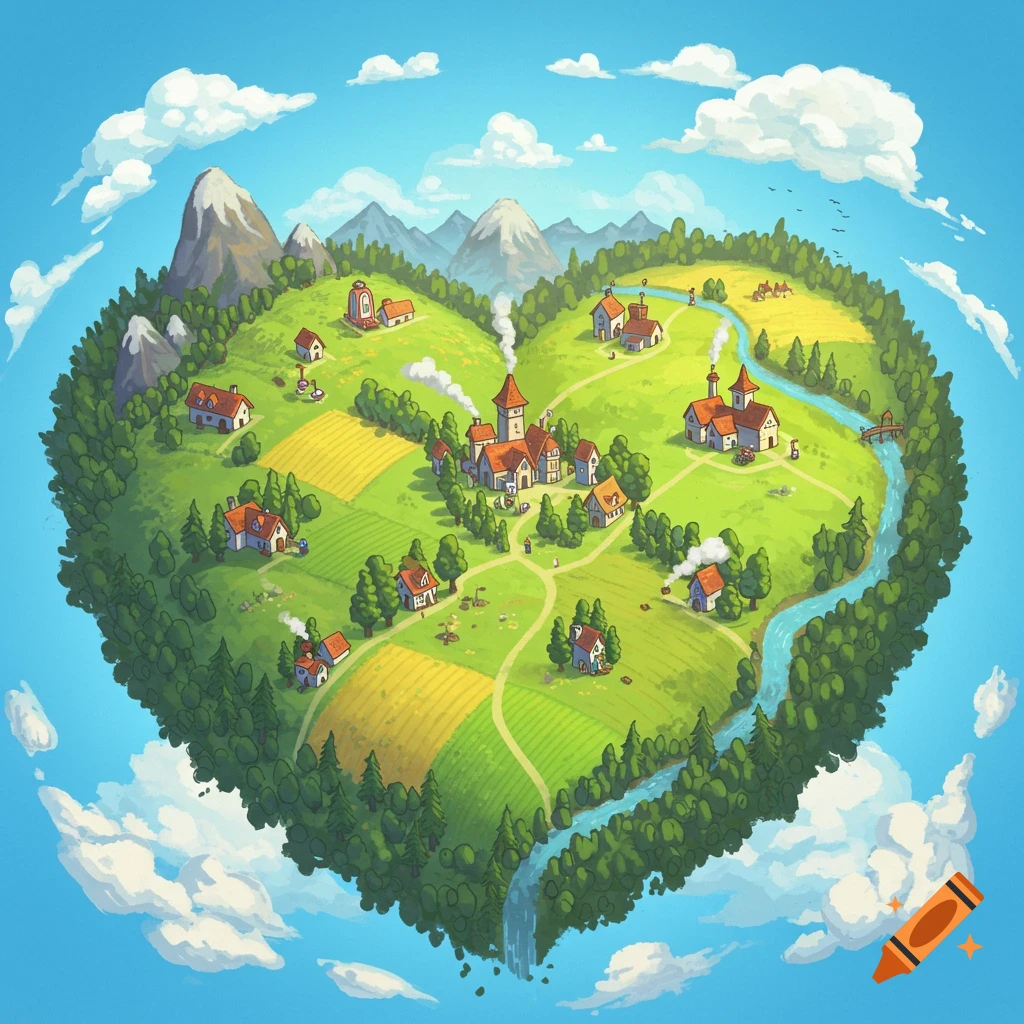 A village landscape in the shape of a heart