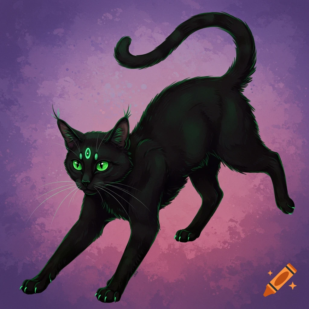 A black cat with glowing green eyes and claws stretches against a ...