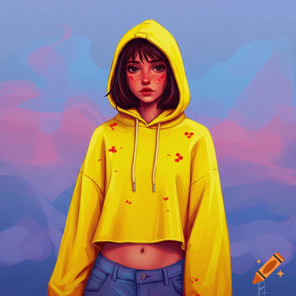 A girl with freckles wearing a yellow cropped hoodie.