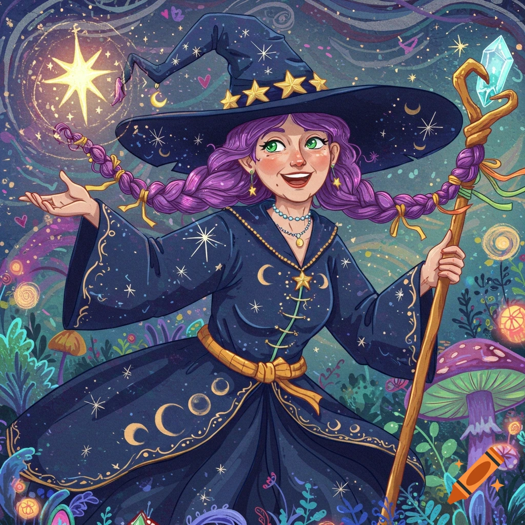 A whimsical witch with purple braids smiles and holds a staff in a magical forest.