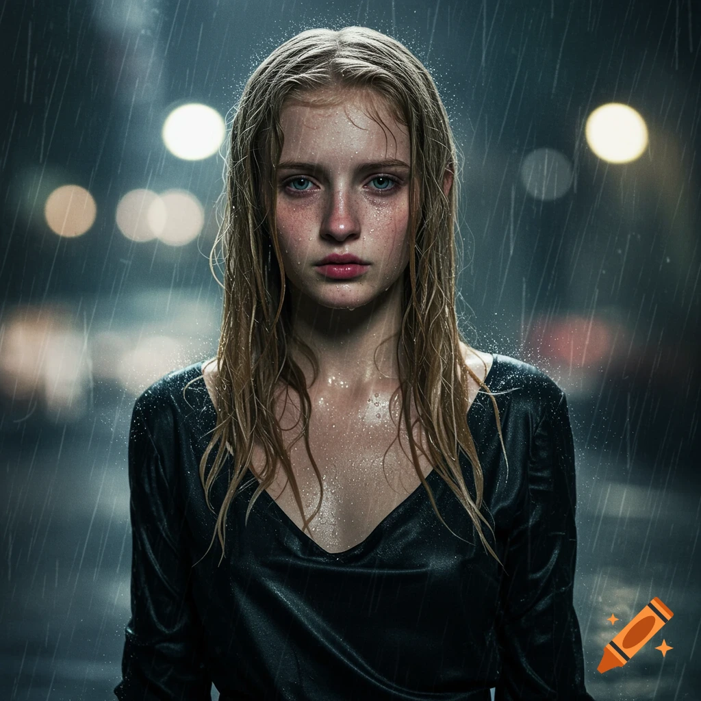 Hyperrealistic portrait of a young woman with wet blonde hair in the rain, wearing a black dress.