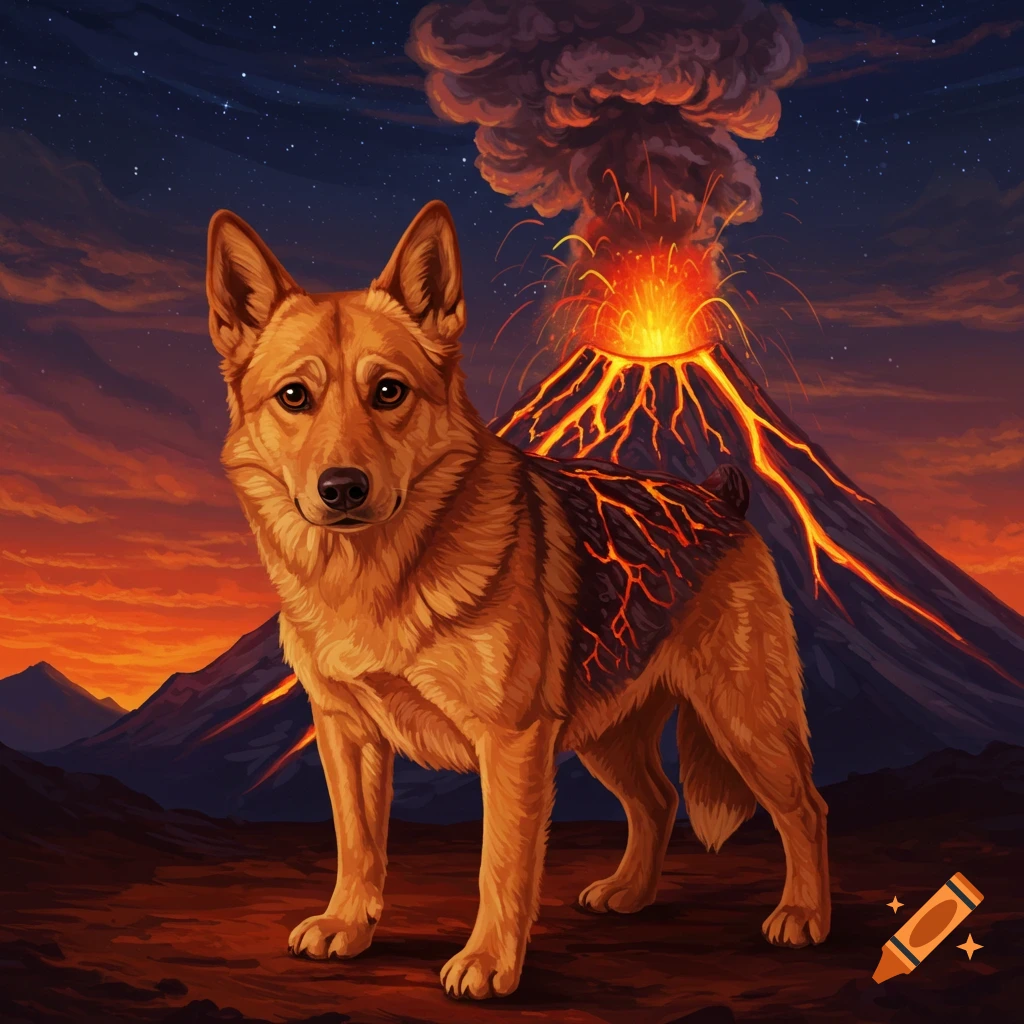 A dog with lava on its back stands in front of an erupting volcano at twilight.