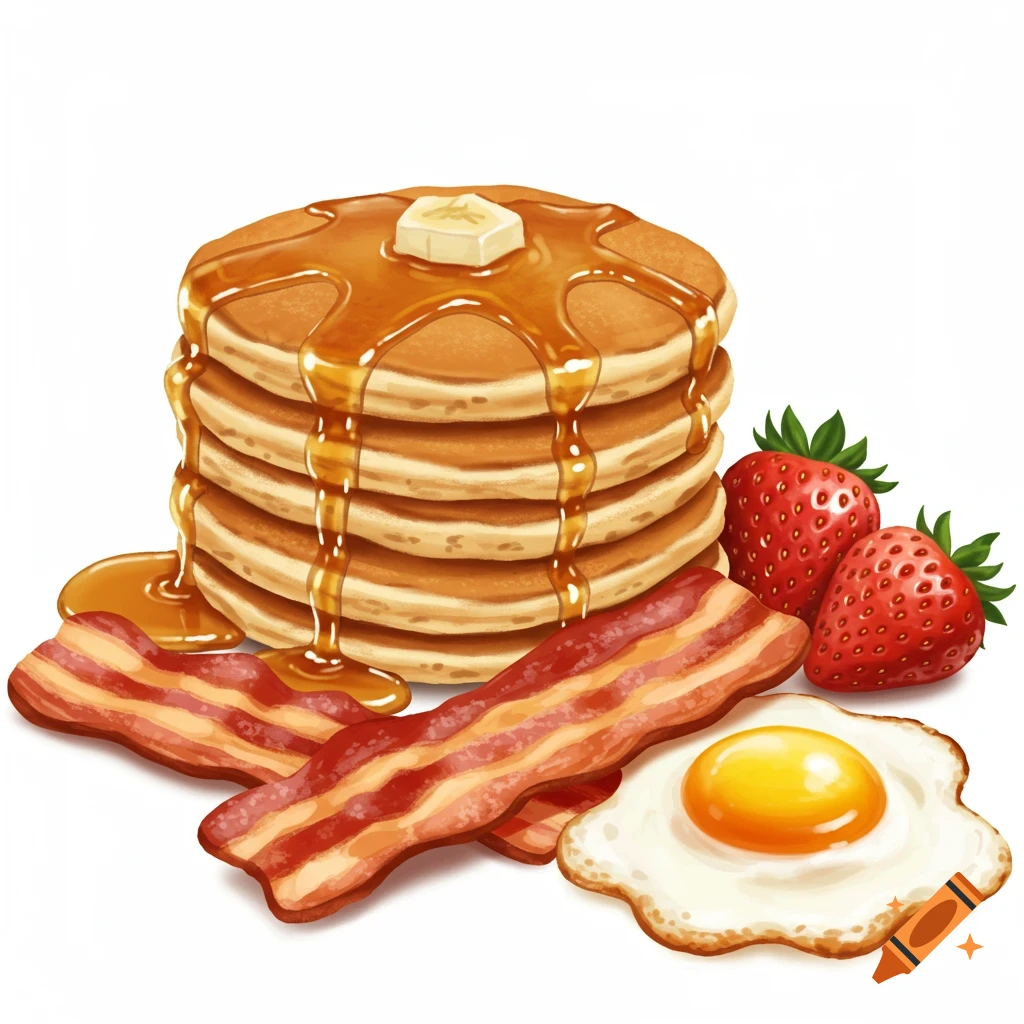 Pancakes with syrup, bacon, strawberries, and fried egg.