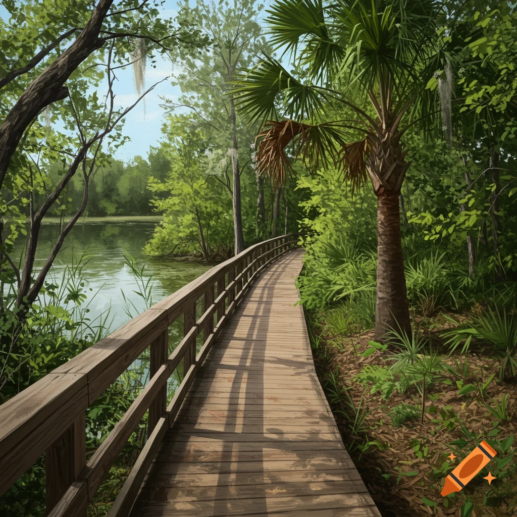 A wooden boardwalk trail winds through a sunny, green preserve by a lake.