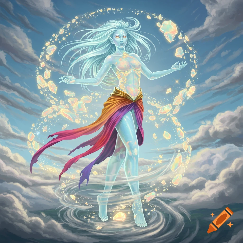 A transparent goddess-like figure floats in clouds, surrounded by glowing crystals and wind, wearing a colorful sash.