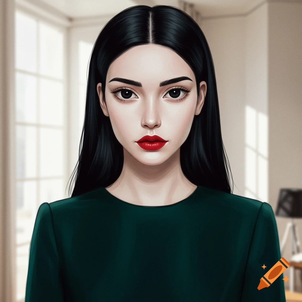 Portrait of a woman with black hair and red lipstick.