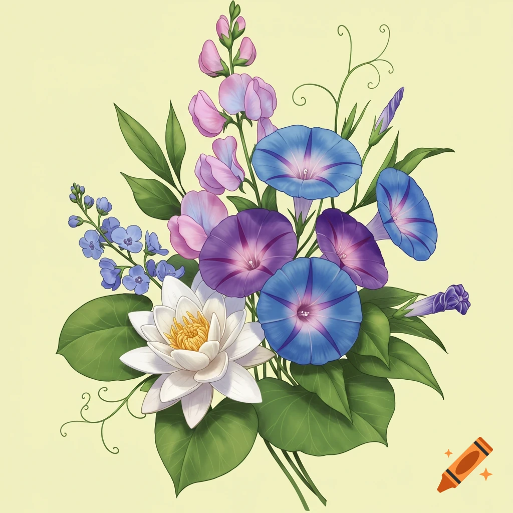 A bouquet with a white water lily, blue and purple morning glories, pink sweet peas, and small blue flowers on a yellow background.