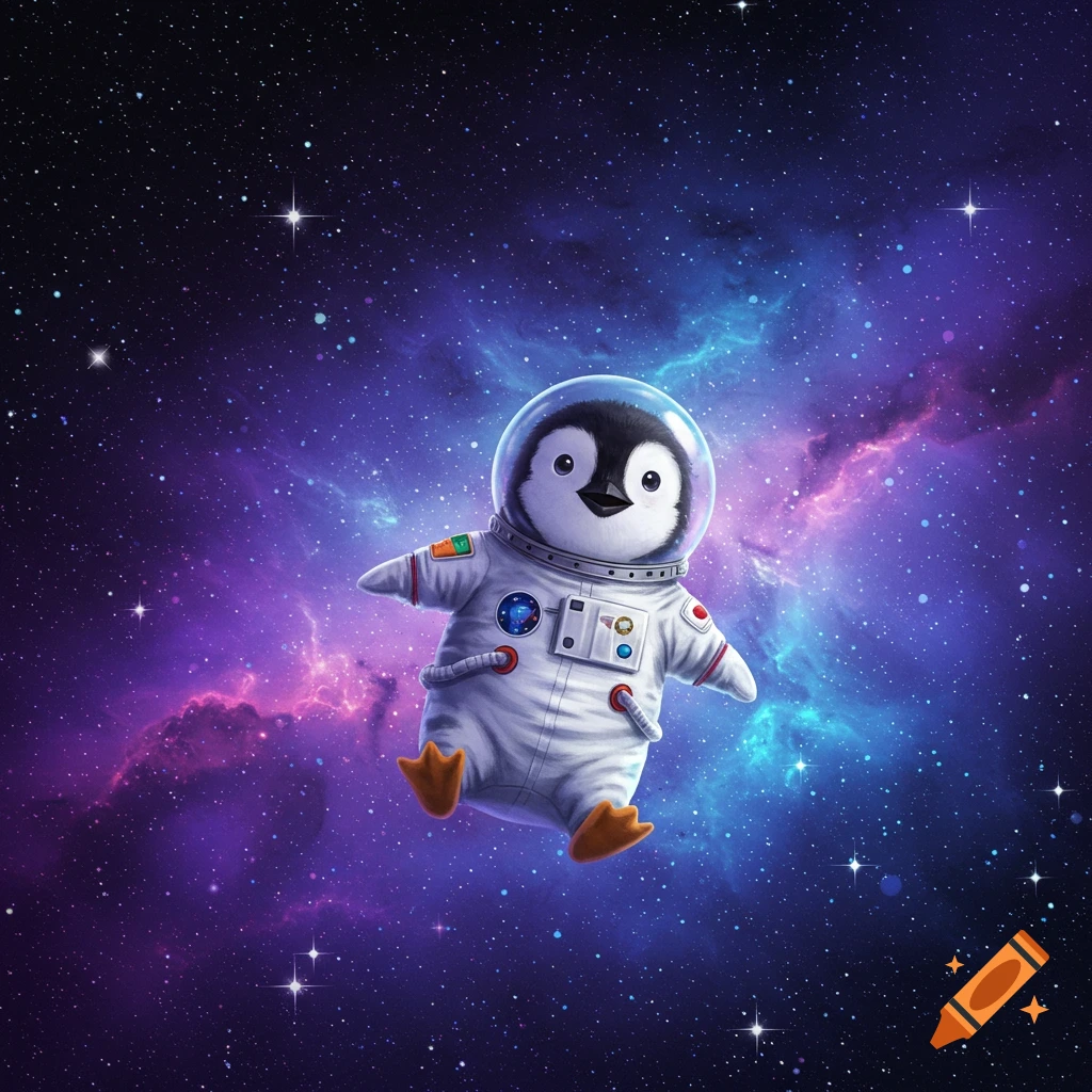Cartoon penguin in an astronaut suit floats in space
