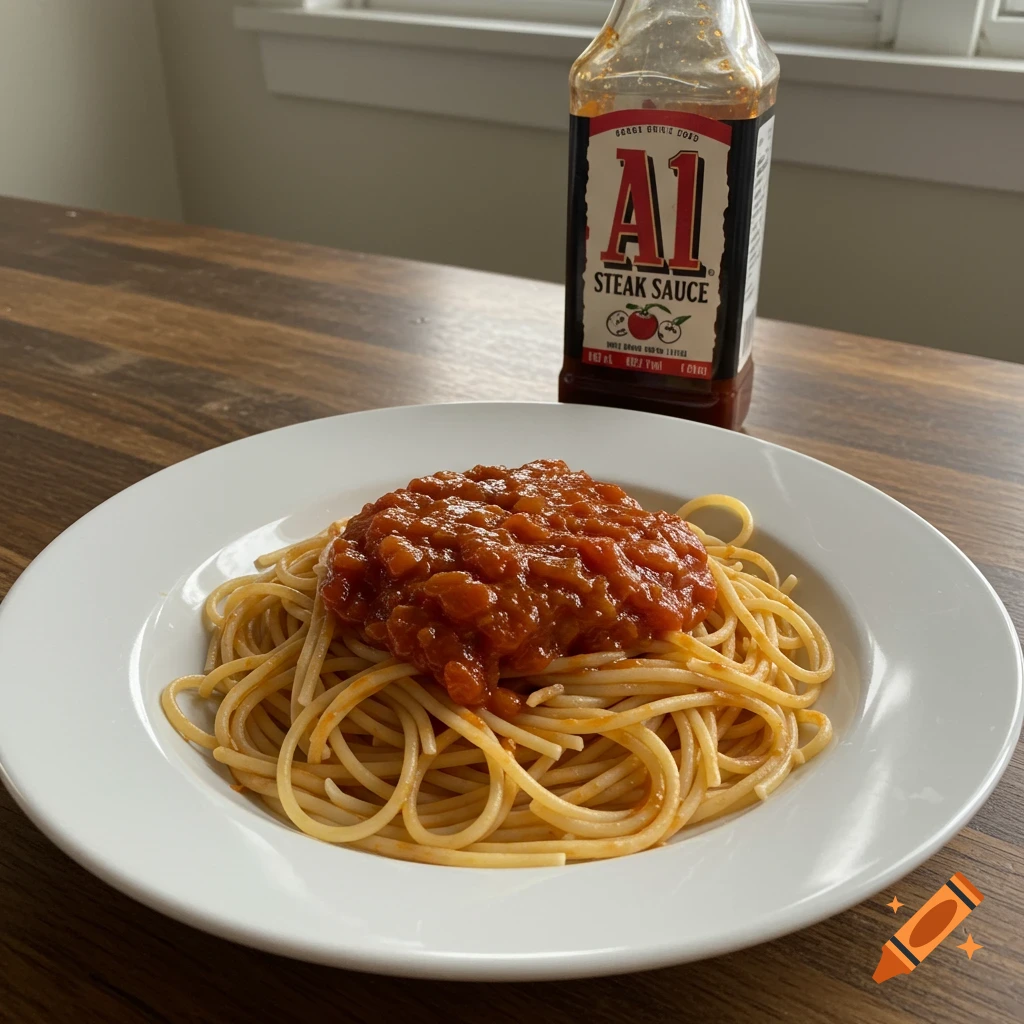A plate of spaghetti with sauce next to a bottle of A1 steak sauce on a wooden table.