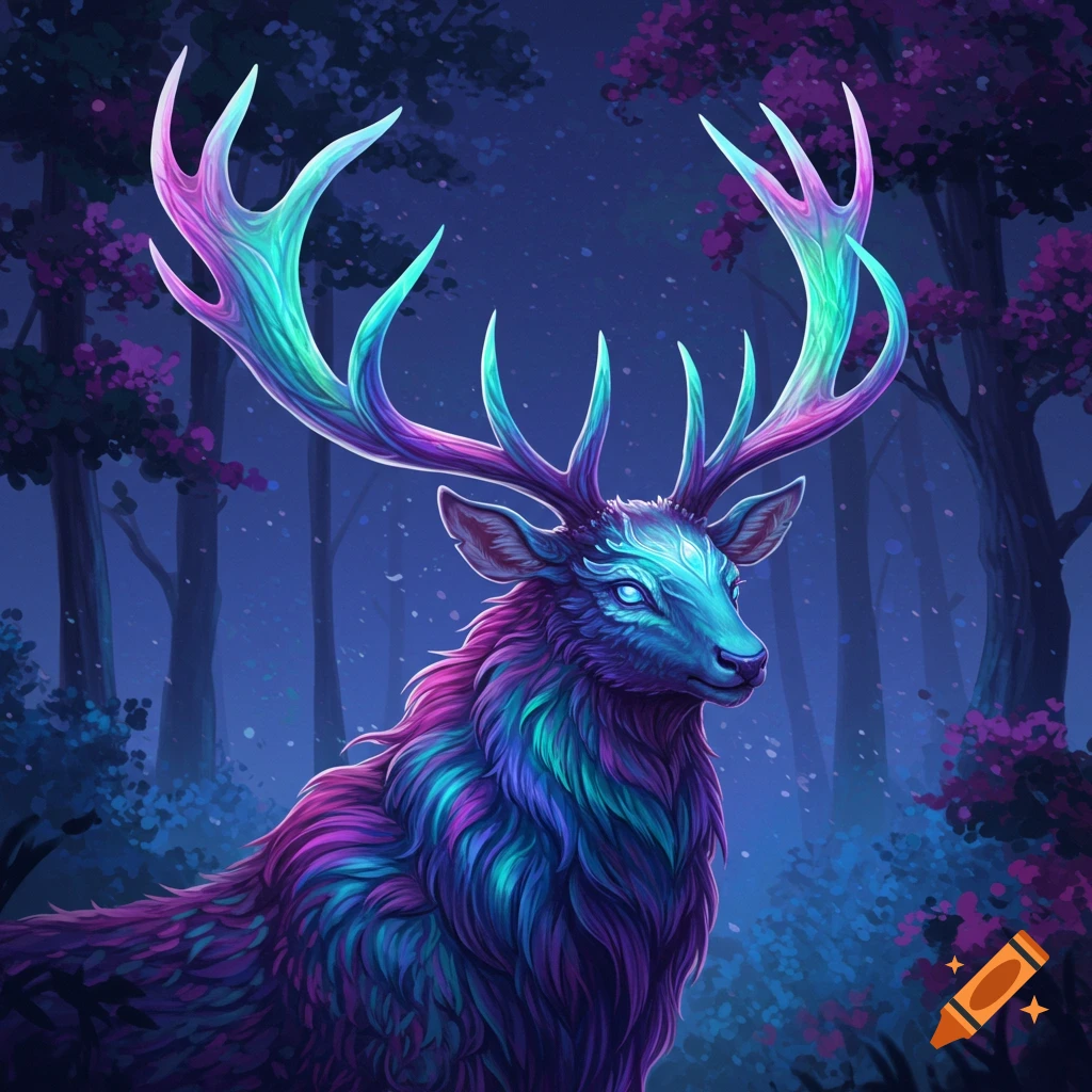 A fantasy deer with vibrant fur and glowing antlers stands in a dark forest.
