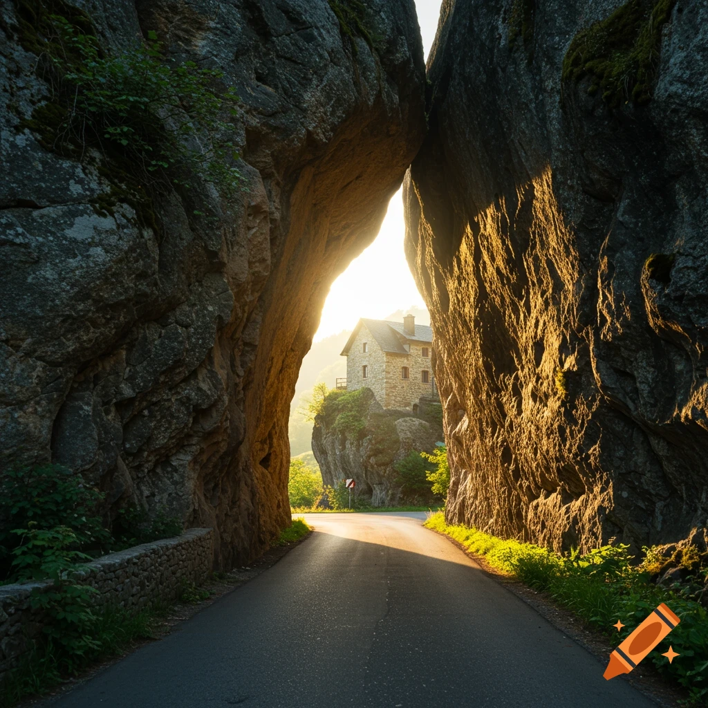 A road passes between two large rock formations with a stone house perched on top of one rock, illuminated by sunlight.