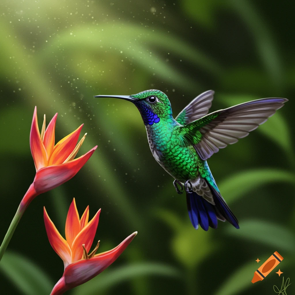 A vibrant green and blue hummingbird hovers near red-orange tropical flowers.