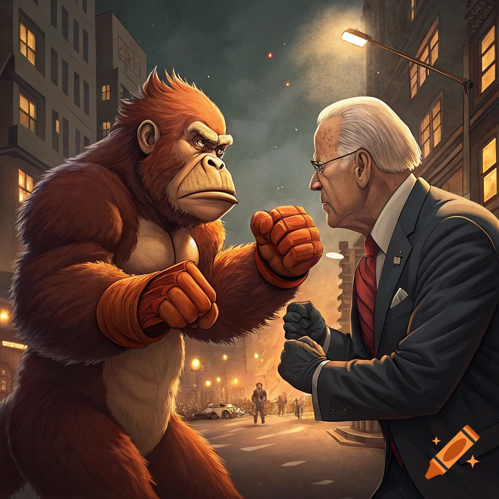 Cartoon gorilla in boxing gloves facing off against Joe Biden in boxing gloves on a city street.
