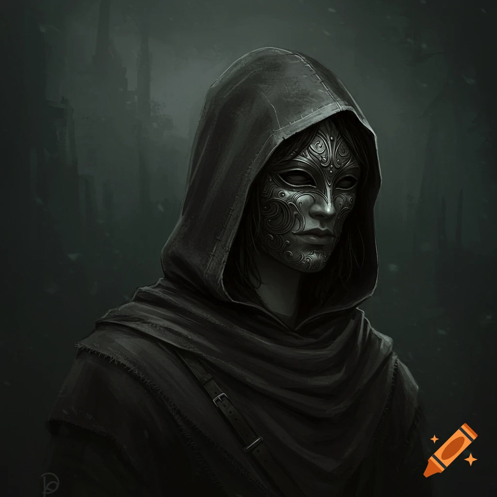 Hooded figure wearing an ornate silver mask in a dark, misty environment.